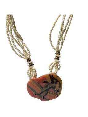 Handcrafted Tribal Necklace Unique Abstract Pendant Chunky Beaded Multi Strand